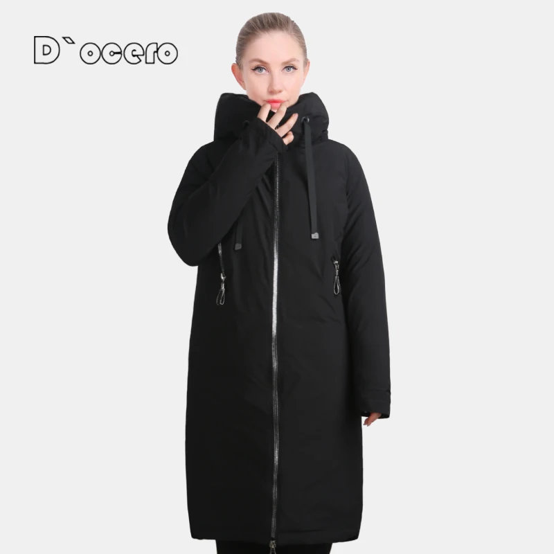  D`OCERO 2022 Winter Parkas Women Oversize Cotton Female Down Jacket Warm Professional Solid Quilted Coats Hooded Long Outerwear 