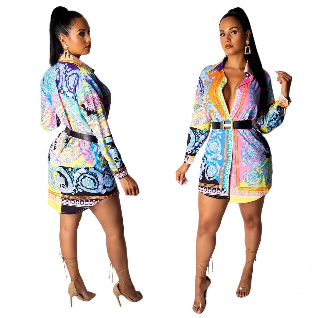 

Echoine Colorful Print Long Sleeve Mini Shirt Dress Elegant Vintage Vestidos Autumn Casual Party Clubwear Sexy Slim Dress Women