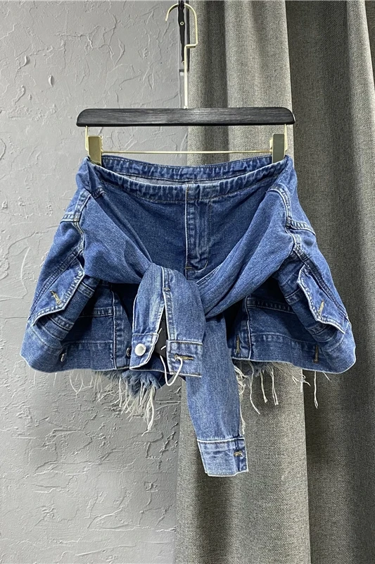 

2021 Summer Wear Heavy Industry False Two-Piece Suit Stitching Denim Shorts High Waist Wide Leg A- line Hot Pants