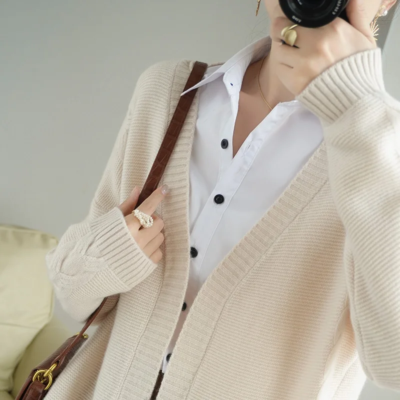 

100% pure wool sweater autumn/winter 21 cashmere women's V-neck cardigan warm casual knitted oversize top jacket Female sweater