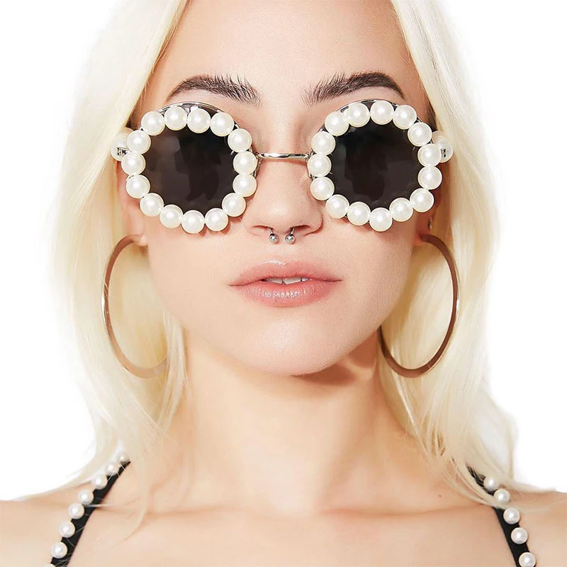 

Veshion Oversized Pearl Luxury Round Sunglasses Men Women Fashion Shades UV400 Vintage Glasses