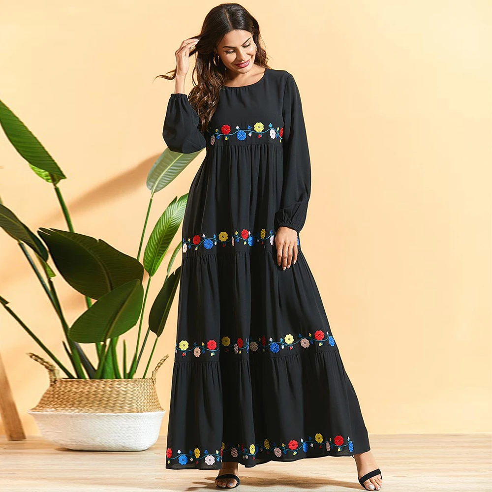 Женское Макси Платье с цветочной вышивкой Siskakia черное свободное плиссированное