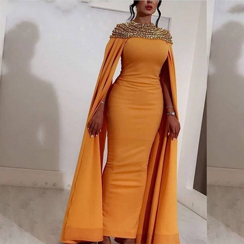 

New Arrival Long Gold Satin O-neck Crystals Abendkleider Dubai Arabic Women Evening Dresses 2020 Prom Party Gowns