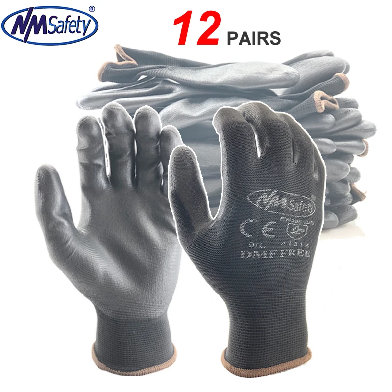 

24Pieces/12 Pairs High Quality Knit Nylon PU Rubber Dipped Safety Protective Work Glove For Builders Fishing Gardening Gloves