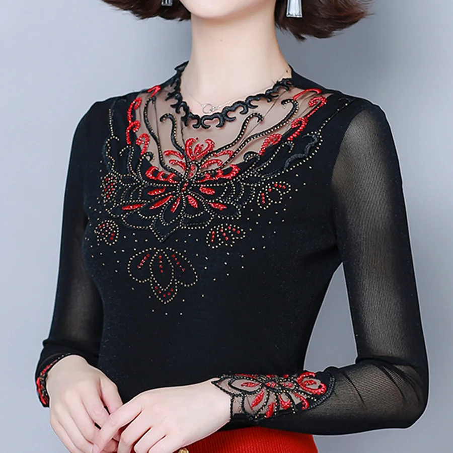 Кружевная футболка осень 2019 рубашка с длинным рукавом Женская сетчатая тонкая