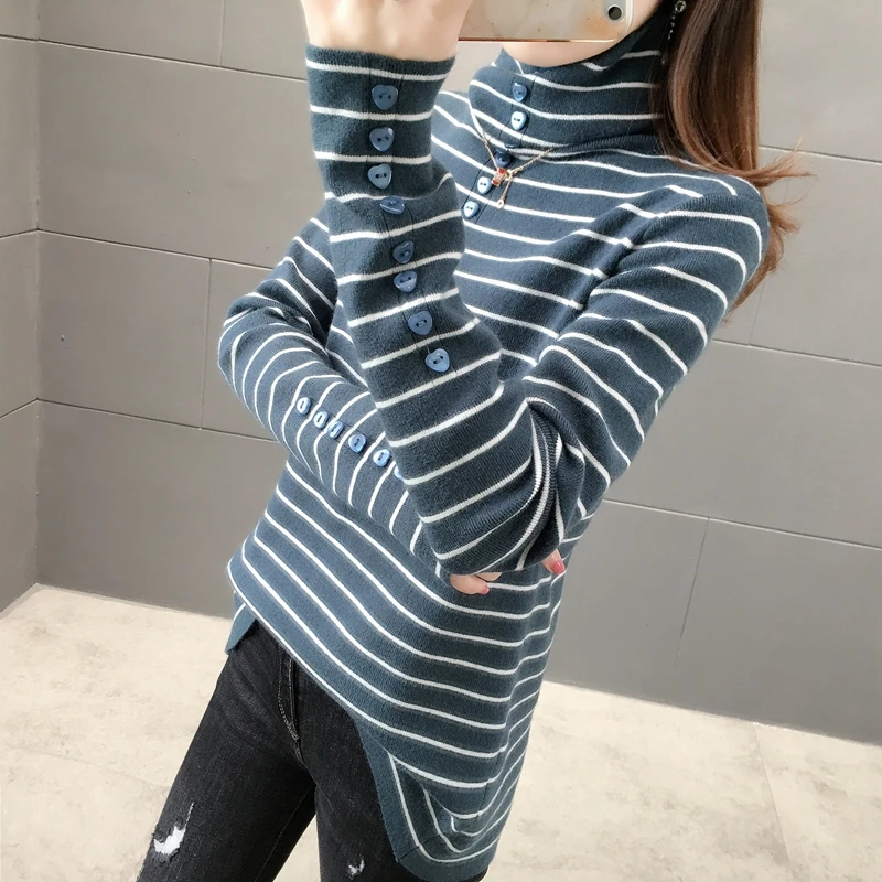 

456444 real picture striped button high neck knitting bottoming sweater [R zone 27 right]2019ag