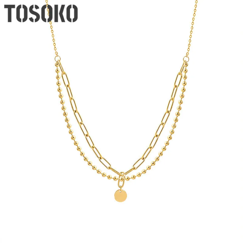 

TOSOKO Stainless Steel Jewelry Round Piece Lucky Double Necklaces Women Round Bead Chain Fold Necklace Hip Hop Chain Women P853