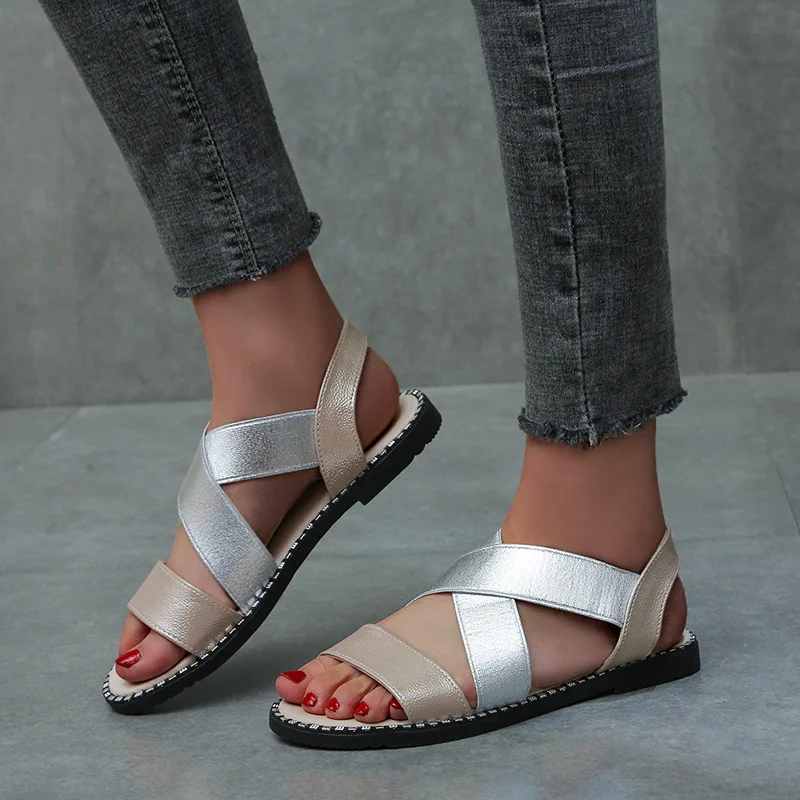 Amazon летние новые эластичные комбинированные римские сандалии с заклепками на