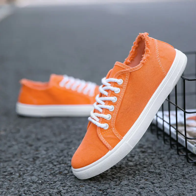 Frayed Canvas Sneakers For Men Low Top Trainers Mens Orange Vulcanized Shoes Tenis Sneakers Anti-odor Men's Plimsoll Shoes 2022