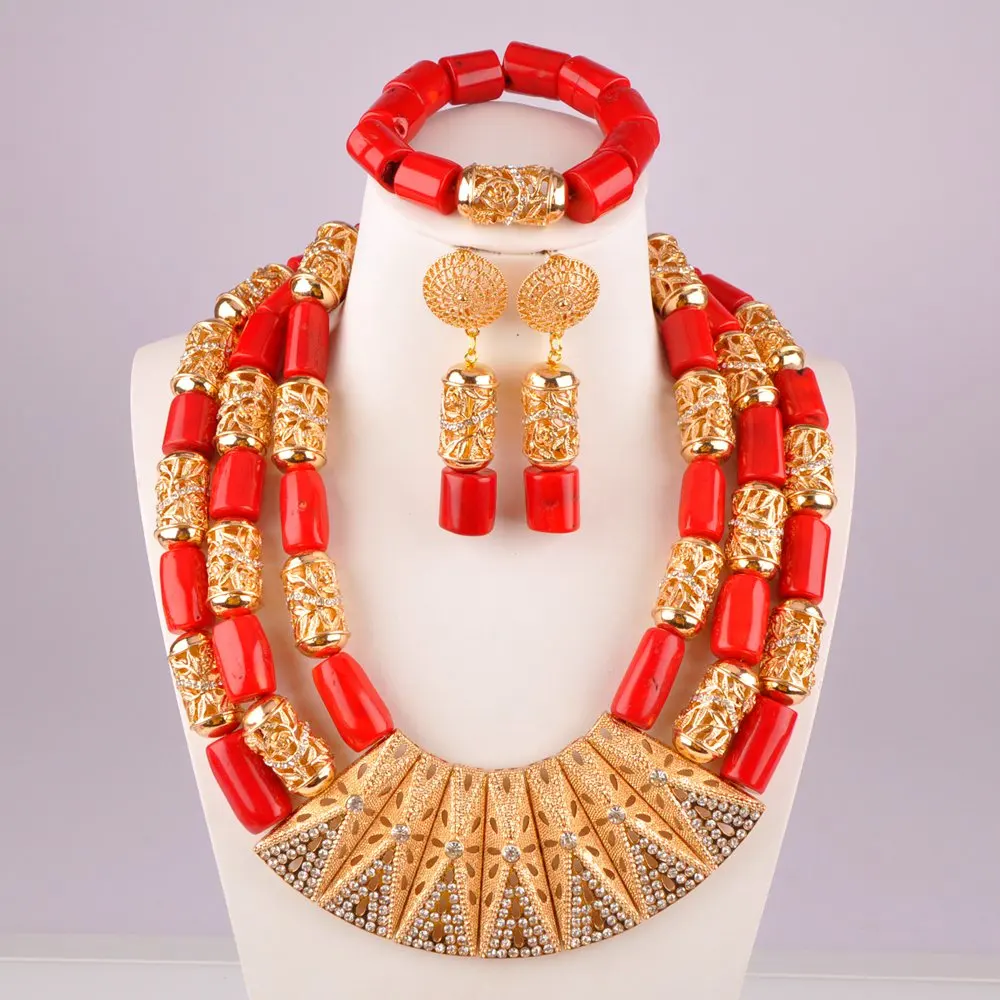 

Luxurious red costume necklace african coral set nigerian wedding coral beads african jewelry set C21-23-02