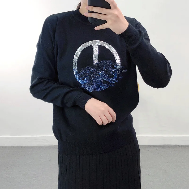 

Женский трикотажный свитер с леопардовым принтом, свободный Трикотажный свитер с вышивкой и блестками, верхняя одежда без подкладки, осень ...