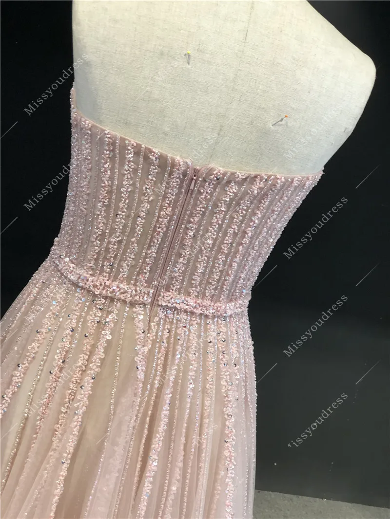 2021 فساتين السهرة Real Sample Light Pink Luxurious Beads Strapless A-line Floor Length Formal Prom Party Evening Dresses