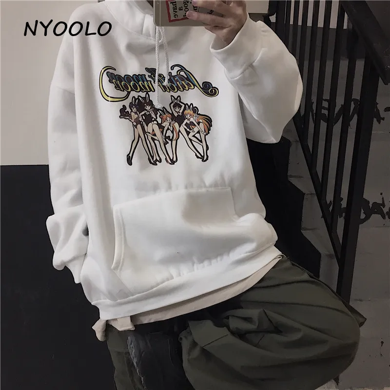 NYOOLO Harajuku мультфильм Сейлор Мун с буквенным принтом свободные теплые толстовки зимние уличные пуловеры с капюшоном флисовая Толстовка для женщин и мужчин