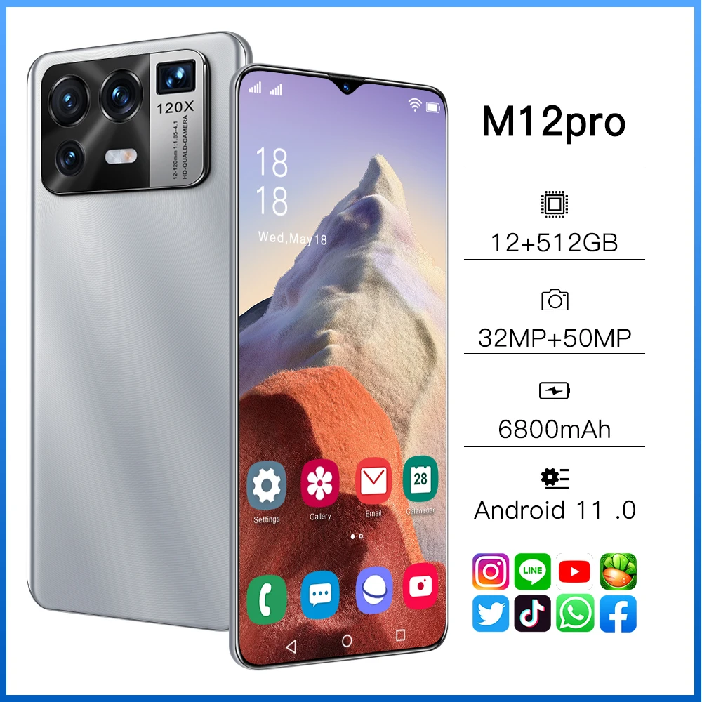 

M12pro 6.7Inch 12GB+512GB 30+50MP New Global Version Android11 Smartphone Full Screen 6800mAh Smartphone Unlocked Android Phone
