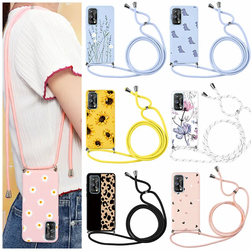 for realme 7 pro phone case lanyard necklace silicone soft tpu flower heart for oppo realme 7pro realme7 pro coque bumper luxury free global shipping