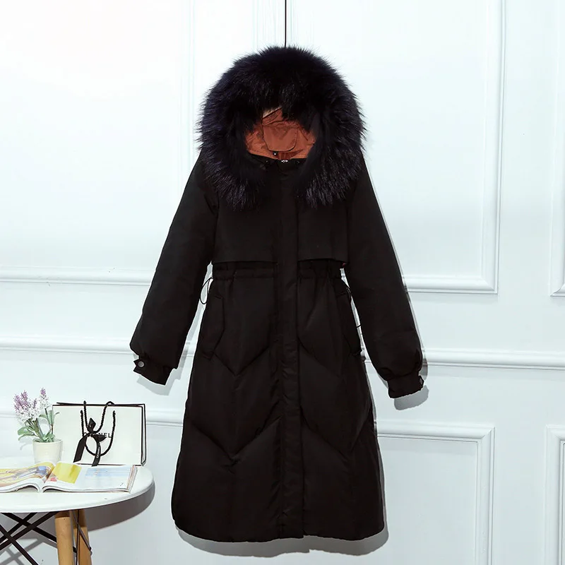 GBYXTY daunenjacke damen/большой размер 3XL длинный пуховик с капюшоном для женщин зимнее пуховое пальто с мехом енота парка с перьями ZA1705 - Цвет: Черный
