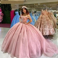 pink quinceanera dresses 2021 sweetheart off the shoulder appliques sequined beads party princess sweet 16 ball gown sweep train