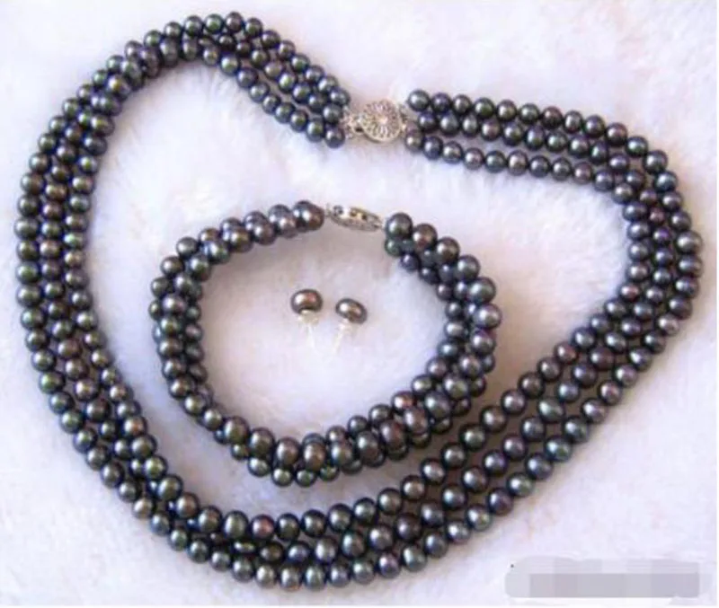 Free shipping Wholesale price 16new +3 Rows Genuine Black Pearl 18KWGP Flower Clasp Earrings Bracelet Necklace | Украшения и