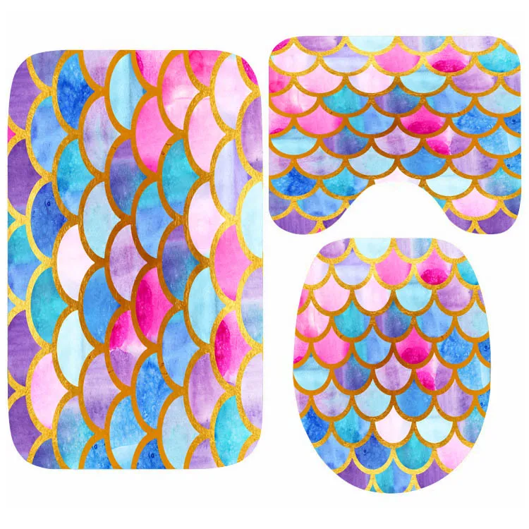 

Stylish Pink Aqua Blue Mermaid Scales Bathroom Mat Set 3PCS Colorful Mat for Toilet Carpet Rug Watercolor Shower Room Floor Mat