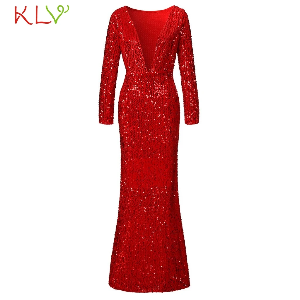 Вечернее платье с блестками сексуальное длинное V образным вырезом и юбкой годе