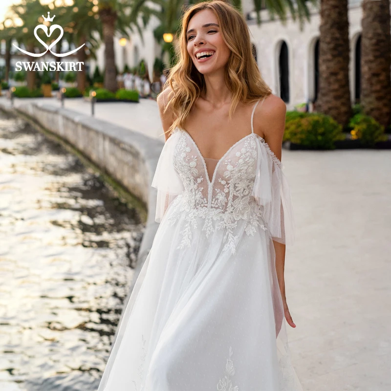 Пляжное аппликации ТРАПЕЦИЕВИДНОЕ свадебное платье Милая 2 в 1 Иллюзия с низким