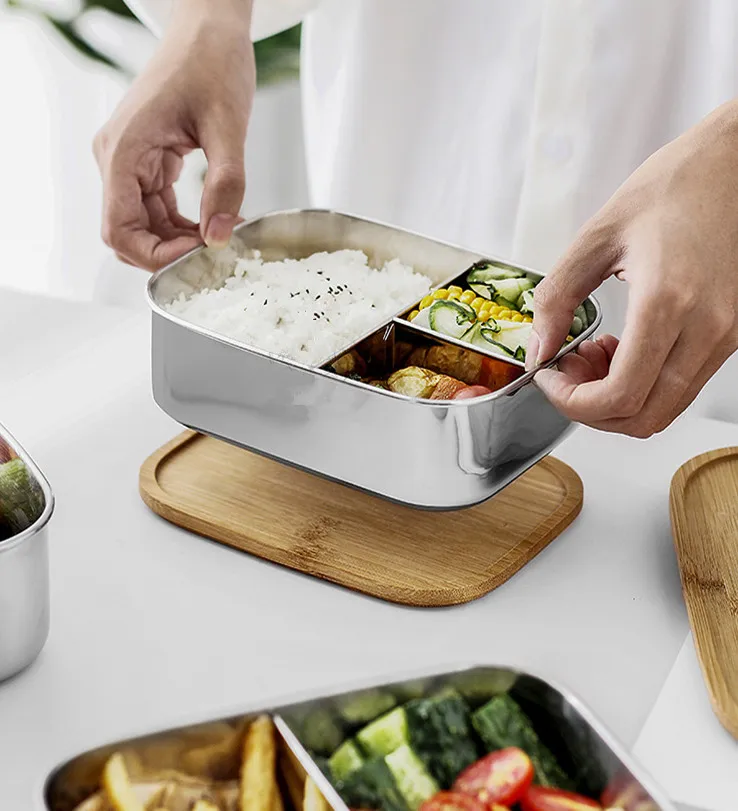 1200ML/1400ML Stainless Steel Lunch Box Adults Bento Food Container 3 compartments for Kids With Bamboo lid 304 Large Capacity |