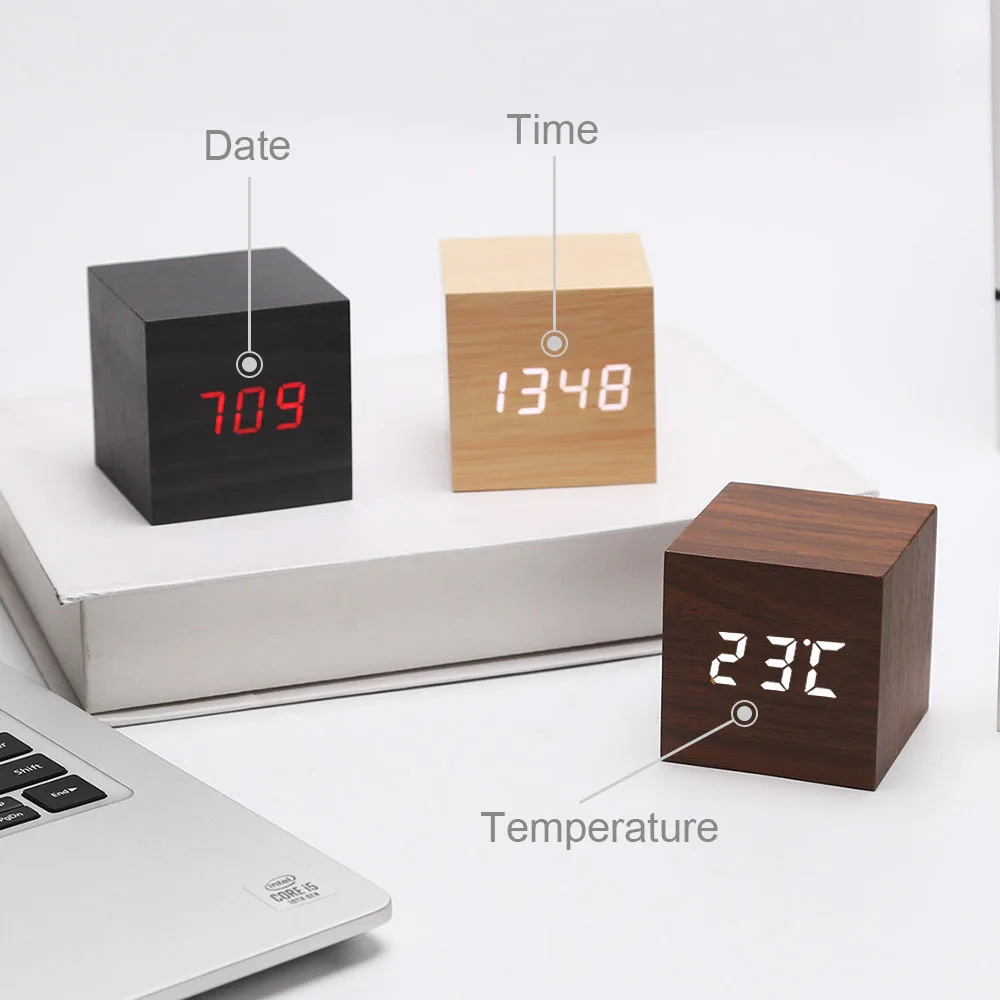 

LED Wooden Alarm Clock Watch Table Voice Control Digital Wood Despertador Electronic Desktop USB/AAA Powered Clocks Table Decor