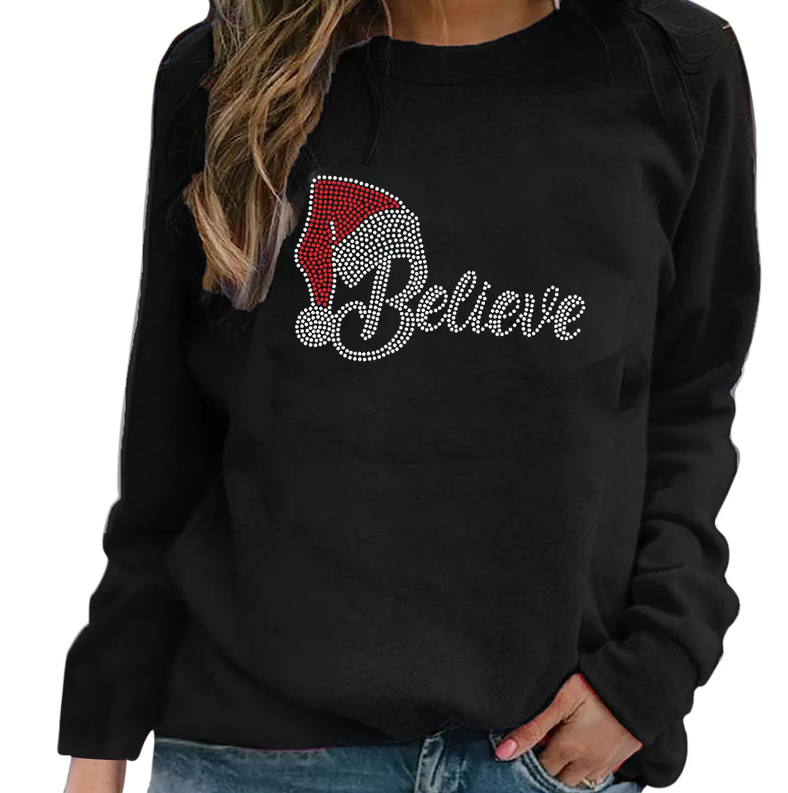 2021 Christmas Rhinestone Christmas Tree Santa Elk Print Fashion Womens Casual O-neck Long Sleeve Tops T-shirt Clothing #dz