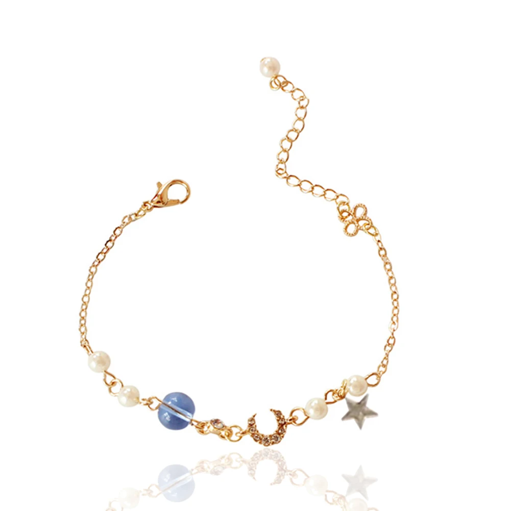 

Fashion Sweet Flower Star Moon Crystal Rhinestone Pearl Glass Bead Bangle Bracelet for Women Bestfriends on The Hand Jewelry
