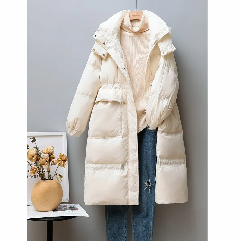 

Down jacket women's mid-length thick 2021 Korean fashion loose and thin white duck down hooded female coat