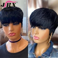 pixie cut short human hair wigs wave wavy hair full machine made wigs glueless black color peruvian remy hair for women