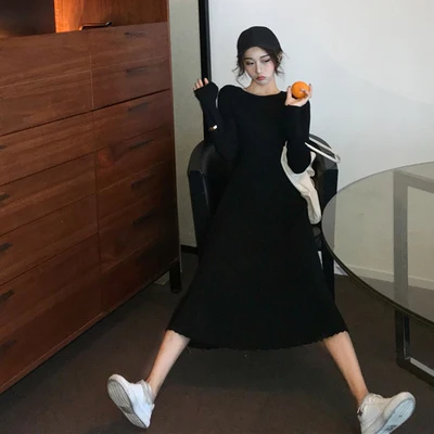 

The new autumn/winter long gentle wind knitting cultivate one's morality dress long-sleeved pure color recreation round collar b