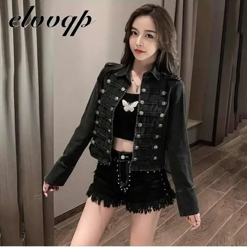 Новинка Ретро стиль милитари красивая со стоячим воротником джинсовый куртка