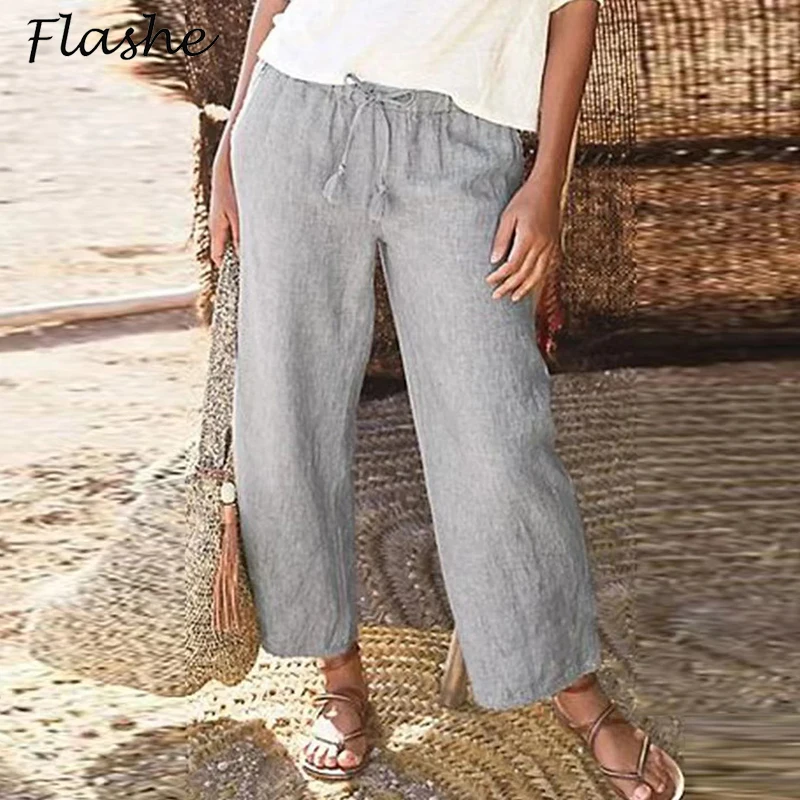 

New Pants For Women Solid Casual Cotton Linen Pants Women 2021 Spring Summer Elastic Waist Drawstring Loose Trousers
