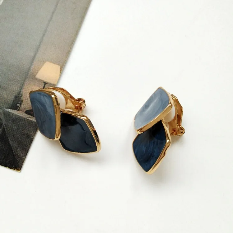 Clip Gray Navy Простые синие квадратные клипсы с узором, винтажные женские украшения, серьги - Окраска металла: Clip Gray Navy