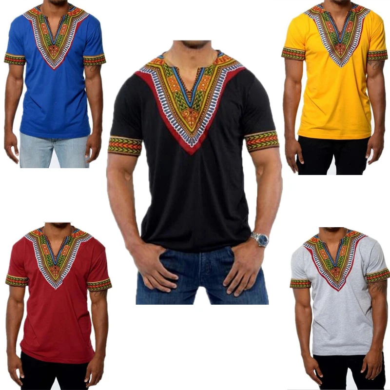 

Модная Летняя мужская одежда в африканском стиле, африканская Дашики, Повседневная футболка с принтом богатых базин с коротким рукавом для ...