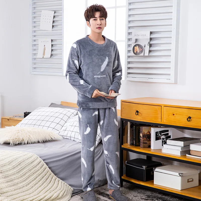Pajamas Men's Autumn and Winter Long Sleeve Coral Fleece Brushed and Thick Warm Flannel Homewear Set 1834