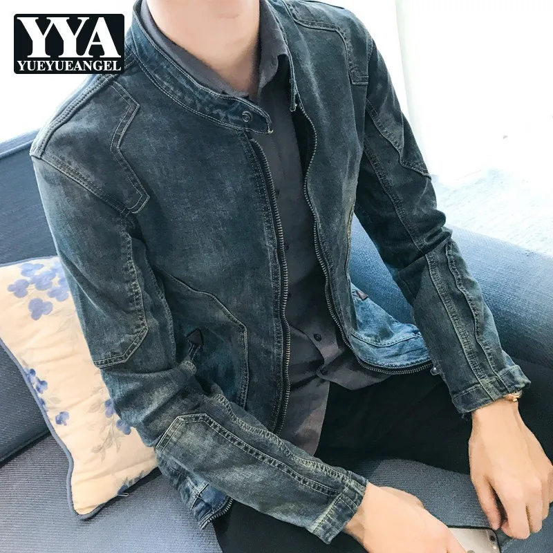 Spring Autumn New Long Sleeve Zipper Mens Denim Jackets Fashion Stand Collar Slim Fit Casual Cowboy Outerwear Coats Plus Size | Мужская