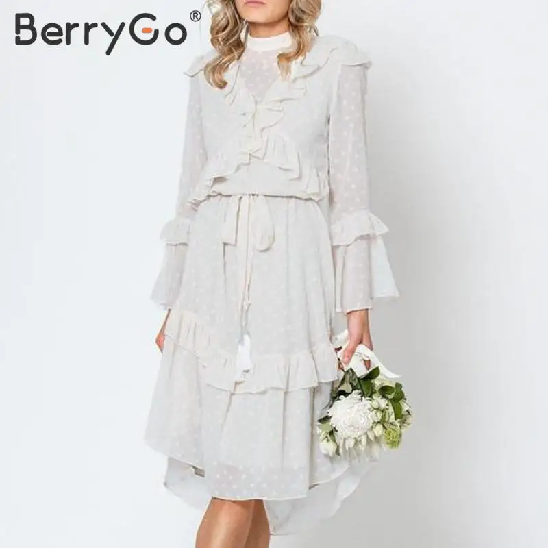 Женское шифоновое платье в горошек BerryGo элегантное белое пляжное трапециевидной