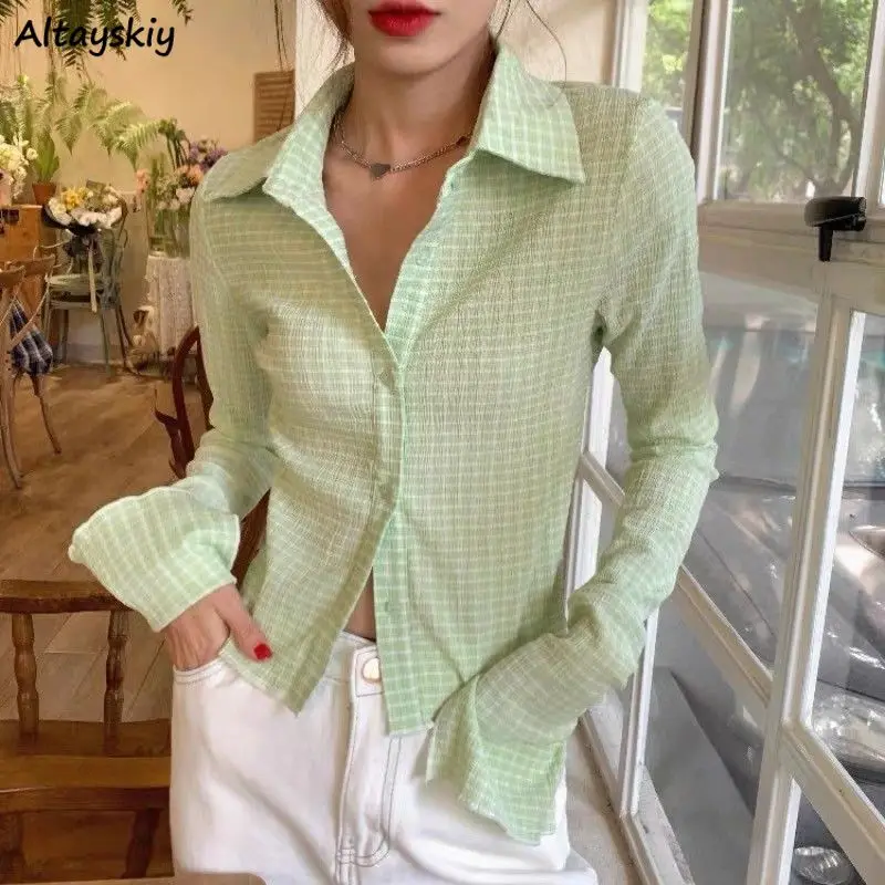 

Slit Long Sleeve Shirts Women Plaid Korean Ins Turn-down Collar Slender OL Temperament Design Lazy Fall Single Breasted Crop Top