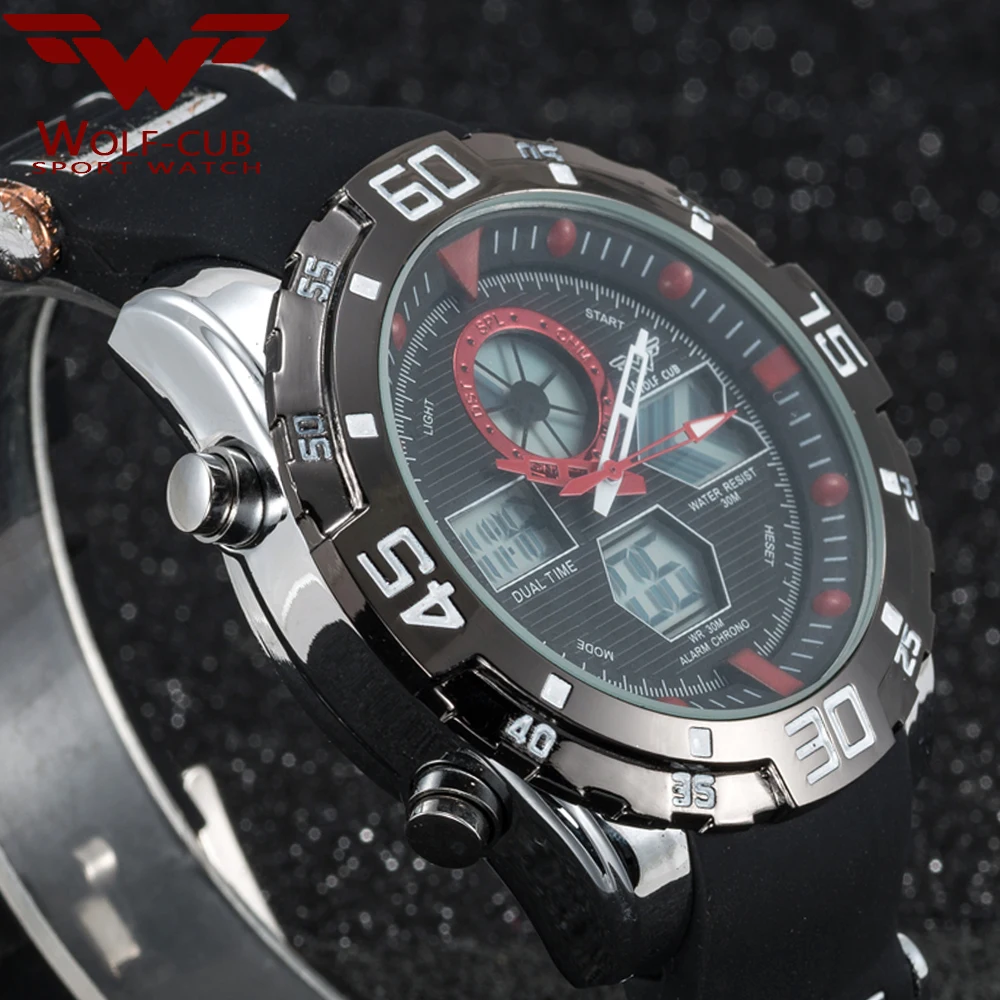 Часы Wolf cub мужские спортивные с двойным дисплеем светодиодный аналоговые