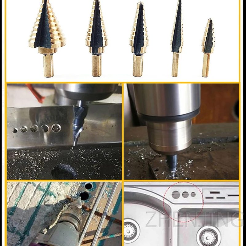 

5pc Inch Aluminum Boxed Roasted Yellow Triangle Handle Step Drill Pagoda Drill Woodworking Hole Opener Set