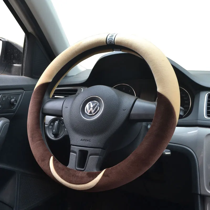 biege 36/40/38 см рулевого колеса автомобиля крышки Розовый Плюшевые Кожаная оплетка на руль автомобиля с иглы и нити аксессуары для интерьера - Название цвета: biege