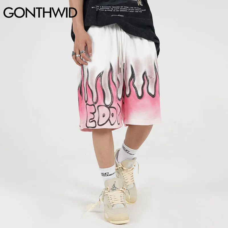 

Спортивные шорты GONTHWID, мешковатые шорты с принтом огненного пламени в стиле Харадзюку, хип-хоп, уличная одежда, модные повседневные брюки с ...