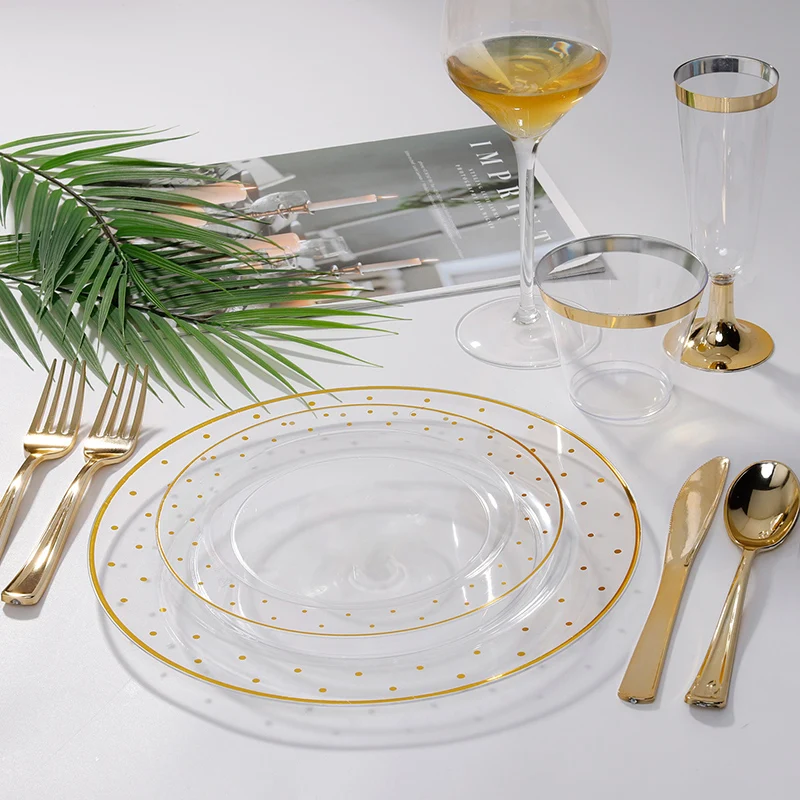 

Disposable Party Tableware Set 16-Person Set Golden Spoon Polka Dot Pattern Plate Wedding High-End Tableware Good Quality
