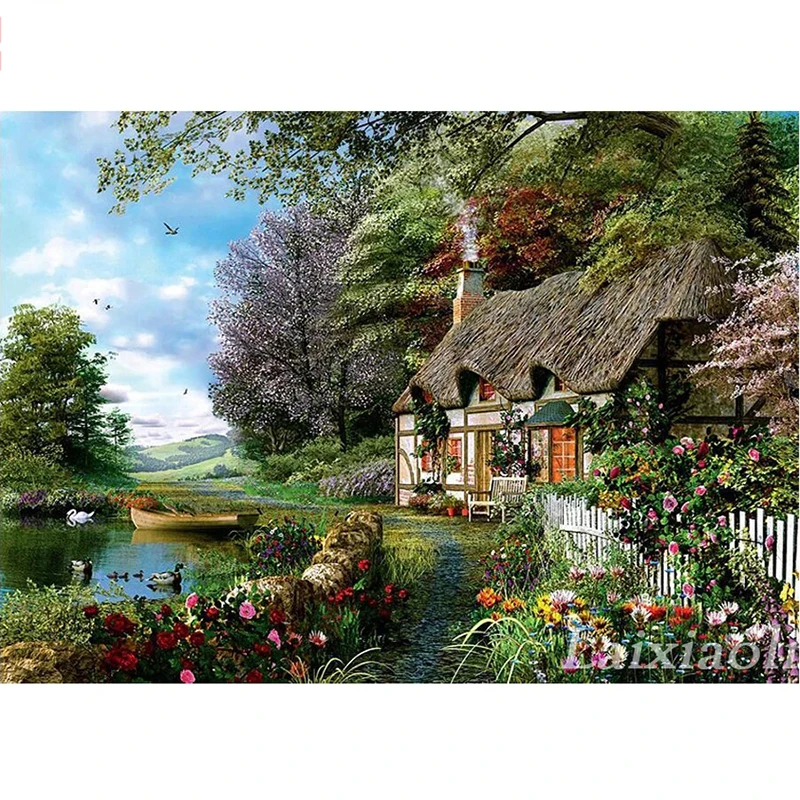 Коттедж природный пейзаж Вышивка крестиком мозаичная картина выполненная в