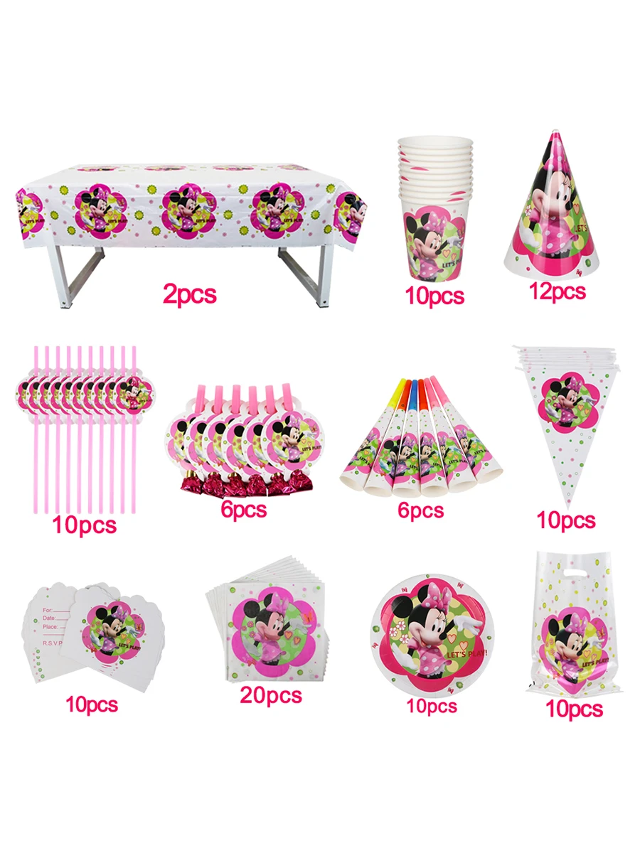 Disney Minnie Mouse Style Kids Favor Birthday Party Disposable Tableware Sets Decorations Supplies 106/100/80/68/56/24Pcs