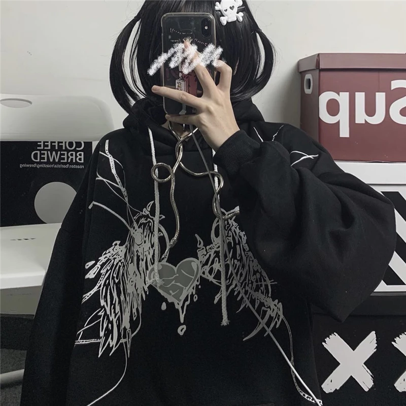 

KOSAHIKI Spring Fleece Heart Print Hooded Women Sweatshirt Harajuku Loose Hoodies Japanese Casual Black White Pullovers 11a137