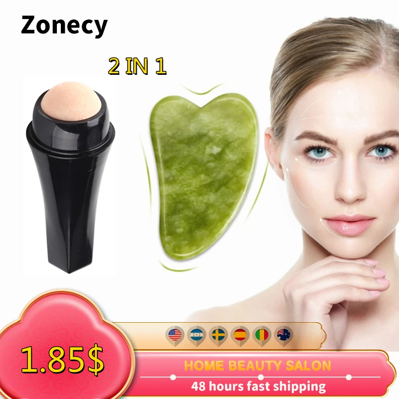 

2 in 1 Jade Guasha Massage Board Natural Stone Gua Sha Scraper Tool Face Oil Remove Volcanic Roller Skin Care Meridian Scraping