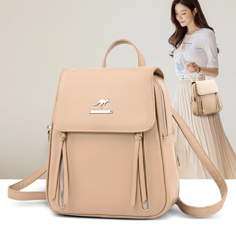 

Preppy Style Backpack for Teenage Girls Tassel Decoration Multifunction Women's Bagpack Clamshell Pure Color PU Leather Backbag